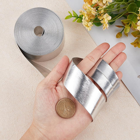 GORGECRAFT 5.5Yds Silver Metallic Leather Strip 1.2" Wide Flat Glossy Pu Leather Straps Shiny Leather Lace Stripper Beading String Ribbon Double S...