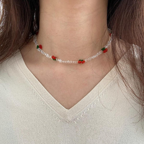 Beaded Cherry Choker Necklace for Women Boho Transparent Beads Cute Shiny Choker...