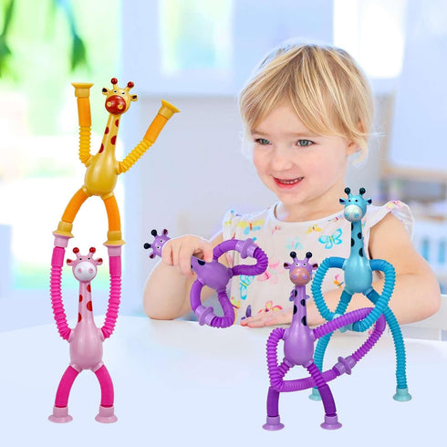 4 Pack Telescopic Suction Cup Giraffe Toy, Pop Tubes Baby Fidget Toys, Fine Motor Skills & Creative Learning, Autism Sensory Toys for Kids Toddler...