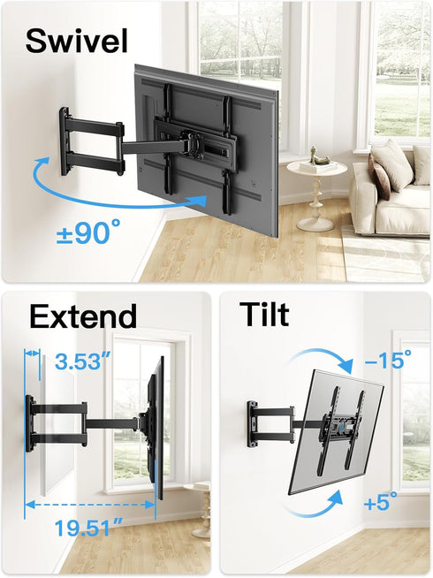 Pipishell Full Motion TV Wall Mount for Most 26-60 inch Flat & Curved TVs up to 77 lbs, Adjustable Bracket Height, Single Articulating Arm, Extens...