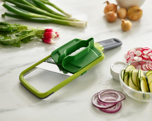 Joseph Joseph Multi-Grip Hand-held Kitchen Mandoline, Fruit and Vegetable Slicer with Food Grip and Adjustable Blades, Dishwasher Safe...