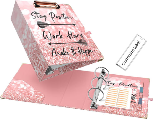 A5 Binder 2 Inch 3 Ring for 5.5" x 8.5" Paper with Clipboard and Pocket, Pink Mini Binders for School Office Supplies and Home, Stay Positive...
