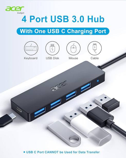Acer USB Hub 4 Ports, Multiple USB 3.0 Hub, USB A Splitter for Laptop with USB C Power Port, USB Extender for A Port Laptop, Windows, Linux, Acer ...