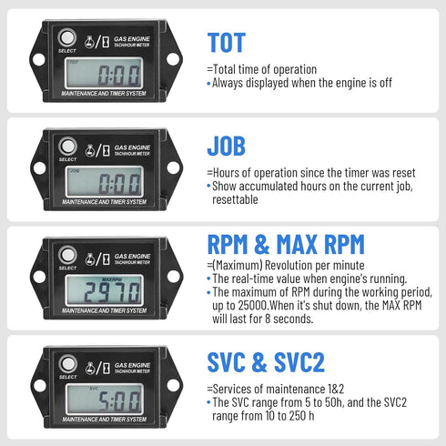 Digital Tiny Tachometer Tach Hour Meter Job Timer RPM Counter for Snowmobile Skis Motor Bike Go Kart Lawn Mower...