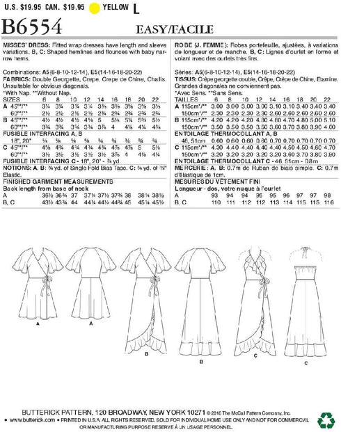 Butterick Patterns Misses' Wrap Dress, E5 (14-16-18-20-22)...