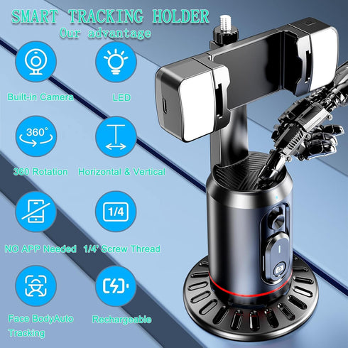Auto Face Tracking Tripod 360° Rotating Auto Tracking Phone Stand, No App, Gesture Control Smart Shooting Camera Mount with Selfie Light and Remot...