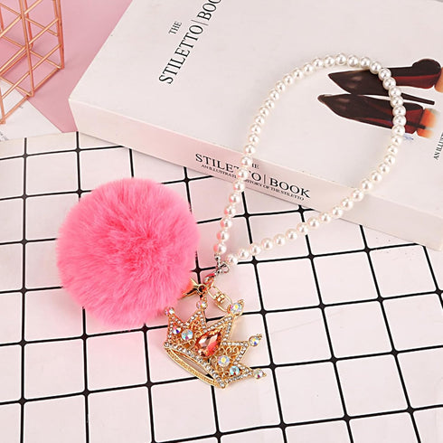 Pink Bling Car Accessories for Women Furry Pom Pom Crown with Pearl Chain Car Mirror Hanging Accessories for Women...