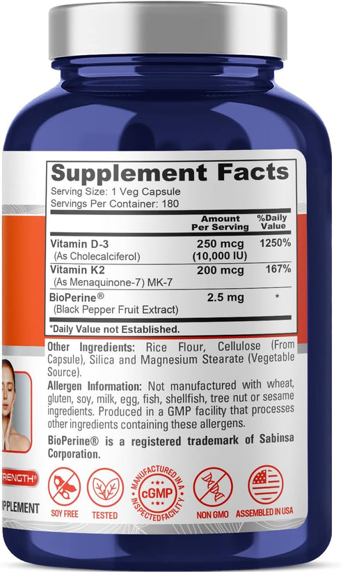 NusaPure Vitamin K2 (MK7) (200mcg) + Vitamin D3 (10000 IU) 180 Veg Caps - Bioperine, Soyfree, Non-GMO...