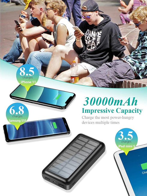 Solar Powered Power Bank - 30000mAh Portable Solar Charger, 2 USB Ports High-Speed Panel External Battery Packs Solar Portable Power Bank for iPho...