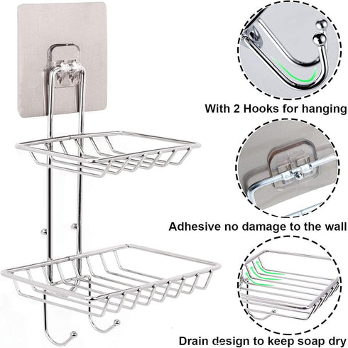 2 Tier Soap Dish with Hooks,Stainless Steel Bar Soap Holder for Shower Wall,Wall Mounted Soap Sponge Holder for Shower Caddy Bathroom Kitchen,Powe...