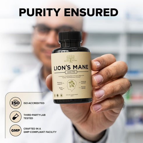 Lions Mane Supplement Capsules with Turkey Tail – Nootropic Brain Fog, Focus, Memory, Nerve Function, & Immune Support Supplement – Non-GMO 1200 M...