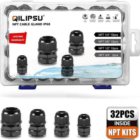 QILIPSU NPT Cable Gland Kits, Strain Relief IP68 Waterproof Nylon Cord Connector, 1/4" 3/8" 1/2" 3/4" 32pcs Wire Pass Through Grip (NPT Kits 32pcs...