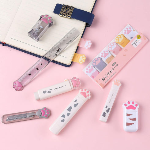 8 Pcs Cute Cat Paw Stationery Set Kawaii School Supplies Including Pencil Sharpener Retractable Eraser Correction Tape Sticky Notes Ruler Mini Sci...