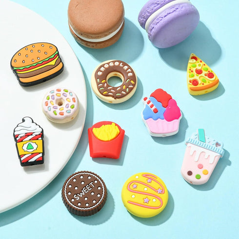 KitBeads 10pcs Silicone Food Beads Mixed Styles Cookie Pizza Donut Beads Rubber Burger Food Focal Beads for Jewelry Making Keychain Bulk...