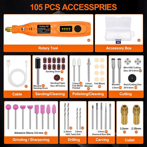 GOXAWEE Mini Cordless Rotary Tool Kit with 105pcs Accessories, USB Charging 5-Speed 18000rpm Multi-Purpose Art Craft Tool with 3.7V Li-ion Battery...