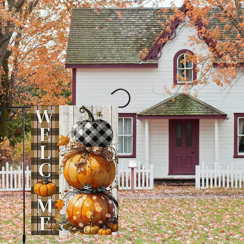 Fall Pumpkins Garden Flag 12x18 Inch Polka Dots Small Double Sided For Outside Thanksgiving Burlap Plaid Bowknot Welcome Yard Autumn Decoration...