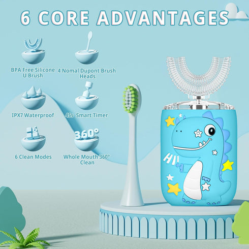 Kids U Shaped Electric Toothbrush, Toddler Toothbrush with 2 U-Shaped Brush Heads 2 Soft Replacements with Toothpaste Automatic Toothbrush Recharg...