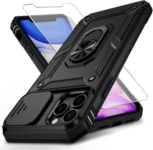 for iPhone 11 Pro Max Case with Camera Lens Cover, HD Screen Protector, 10 FT Military Grade Drop Protection, Magnetic Ring Holder Kickstand Prote...