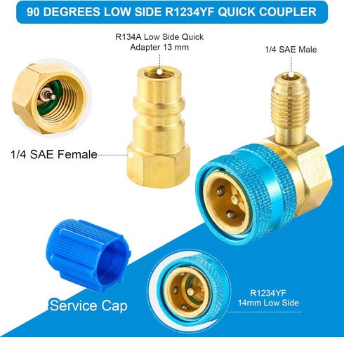R1234YF to R134A Adapter, 90 Degrees R1234YF to R134A Conversion Adapters, R1234yf Quick Couplers Kit, High/Low Side Quick Coupler R1234YF AC Char...
