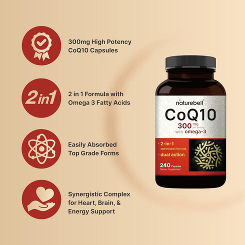 CoQ10 (Ubiquinone) 300mg with Omega 3 Fatty Acids, 240 Capsules | Stable High Absorption Form – Antioxidant Support for Heart & Energy Health – Ex...