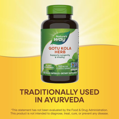 Nature's Way Gotu Kola - 950 mg per 2-capsule serving - Supports Vitality & Longevity* - Gluten & Dairy Free - Non-GMO Project Verified - 180 Vega...