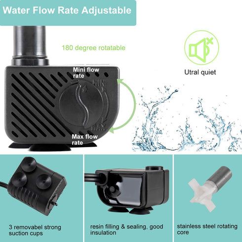 hygger Ultra Quiet 53GPH (200L/H, 3W) Submersible Mini Water Pump Comes with 2 Nozzles, for Aquariums, Fish Tank, Fountain, Hydroponics, Max Lift ...
