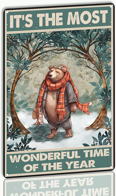 YLUYINOM Retro Tin Sign Brown Bear It's The Most Wonderful Time of The Year Metal Tin Sign Farmhouse Yard Garden Coffee Bar Decor 6X8 inch-Tin Pai...