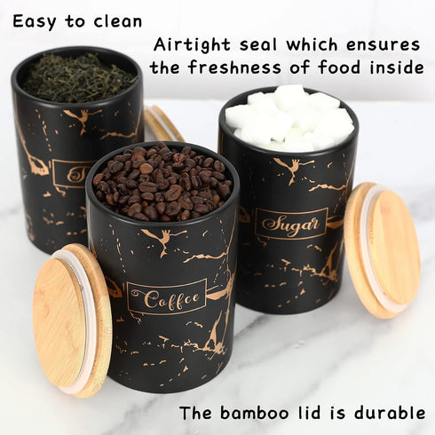 Black Kitchen Ceramic Canister Set - 1178 ML(39.83 OZ) Airtight Set of 3 Coffee Sugar Tea Storage Canisters With Airtight Lid For Food Storage,Sto...