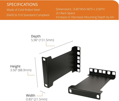 Server Rack Depth Extender - 2U - 6inch / 15.24 cm - TAA Compliant - Recessed Rack Adapter - Rack Mount Adapter Kit - Network Rack Extender...