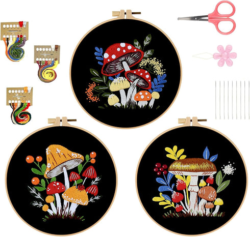 HVEST Mushroom Embroidery Kit for Beginners Adults, 3 Sets Floral Plant Cross Stitch Kits Embroidery Patterns Needlepoint Kits for Kids DIY Embroi...