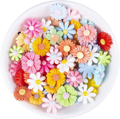 100Pcs Flower Daisy Slime Charms Set Easter DIY Craft Mixed Making Resin Jewery Charms Embellishments Flatback Resin Charms Flower Cabochons for D...