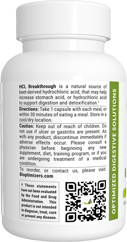 BIOptimizers HCL Breakthrough - Betaine Hydrochloride Enzymes Supplement - Assists with Protein Breakdown and Absorption - Helps Gas and Heartburn...
