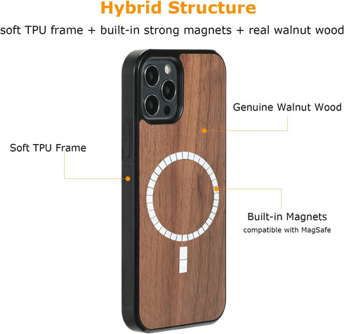 molzar Grip Series Magnetic Case for iPhone 12 and iPhone 12 Pro with Walnut Wood, Built-in Magnet Ring for Magnetic Mount, Compatible with MagSaf...