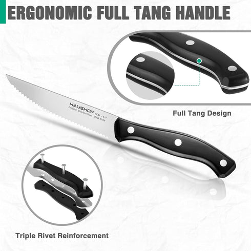 HAUSHOF Steak Knives Set of 4, Premium Stainless Steel Serrated Steak Knife Set with Gift Box, Full Tang and Ergonomic Handle, Gifts Knife Set for...