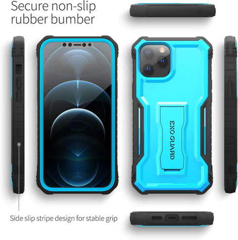 ExoGuard for iPhone 12 Case, Compatible with iPhone 12 Pro Case, Rubber Shockproof Full-Body Cover Case Built in Screen Protector with Kickstand f...