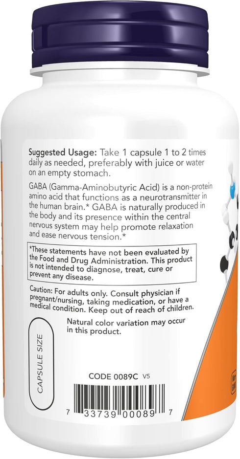 NOW Supplements, GABA (Gamma-Aminobutyric Acid) 750mg, Neurotransmitter Support*, 100 Veg Capsules...