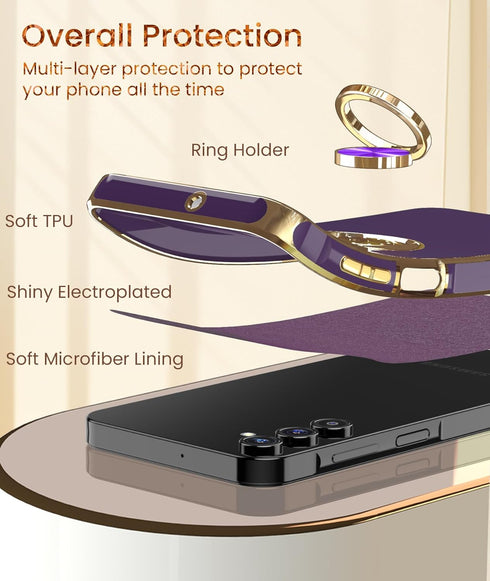 Dretal for Samsung Galaxy A15 5G Case, Screen Protector, 360° Rotatable Ring Holder Magnetic Kickstand,Plated Gold Edge Slim Soft TPU Protective P...