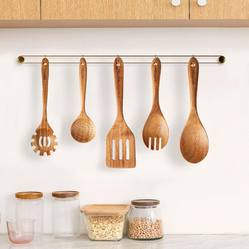 Wooden Spoons for Cooking - 5-Piece Wooden Kitchen Utensil Set made of Natural Solid Wood Material - Includes Salad Spoons, Strainer Spoon, Salad ...