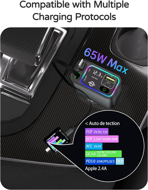4-in-1 Retractable Car Charger - 90W Fast Car Phone Charger with Dual Retractable Cables (USB-C & iOS) and USB Ports, Compatible with iPhone 15/14...