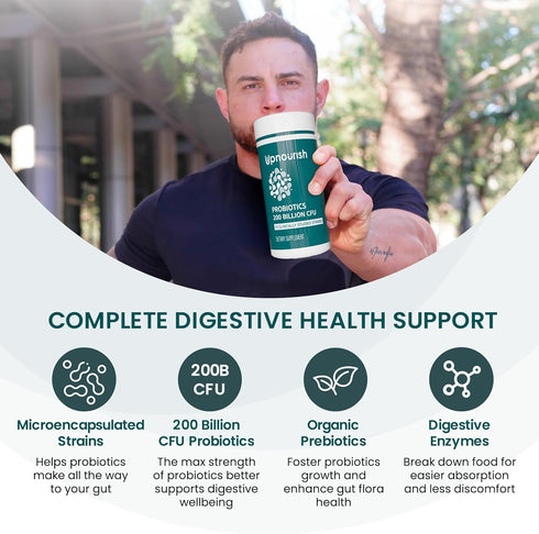 UpNourish Probiotics - 200 Billion CFUs, 15 Strains, Prebiotics & Enzymes - 60 Vegan Capsules...