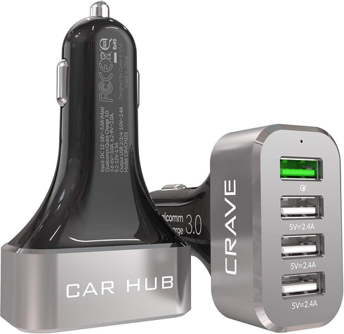 Crave CarHub 54W 4 Port USB Car Charger, Qualcomm Quick Charge 3.0 - Black...