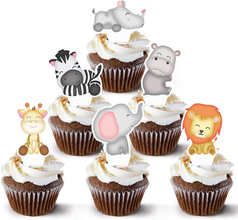 Pretty Cute Studios 48 Count Jungle Cupcake and Cake Toppers – Includes 8 Giraffes, 8 Zebras, 8 Elephants, 8 Lions, 8 Hippos, and 8 Rhinos...