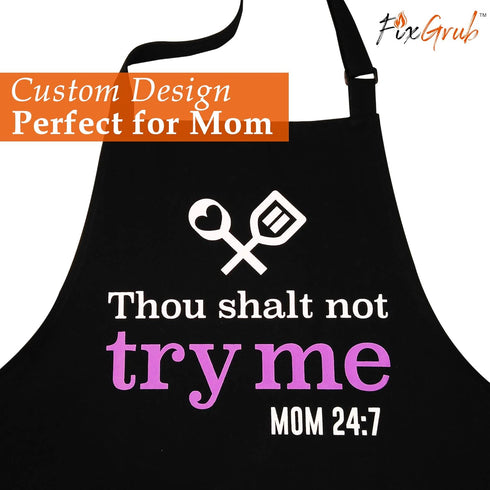 Cooking Apron for Mom with Spatula and Gift Box, Funny Kitchen Apron with 3 Pockets, Mom Gift, Cute Apron, Mother's Day Gift (Thou Shalt Not Try M...