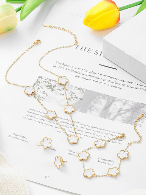 Four Leaf Clover Necklace Bracelet and Stud Set for Women Lucky Flower Gold Plated Jewelry...