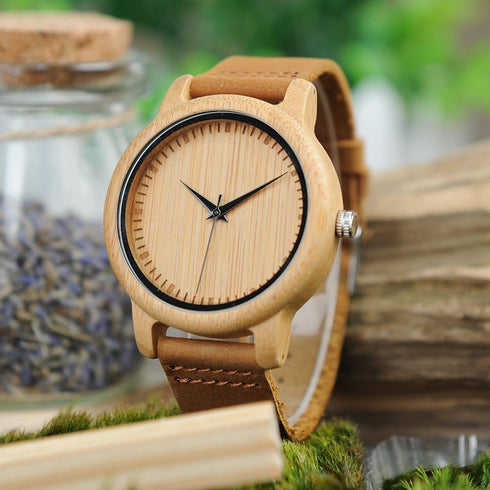 BOBO BIRD Men's Women's Bamboo Wooden Watch with Brown Cowhide Leather Strap Analog Quartz Casual Watches...