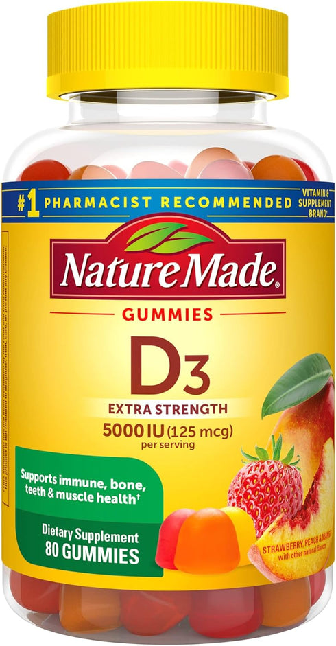 Nature Made Extra Strength Vitamin D3 5000 IU (125 mcg) per serving, Dietary Supplement for Bone, Teeth, Muscle and Immune Health Support, 80 Gumm...