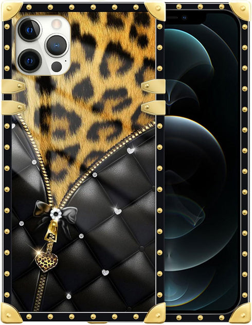 DAIZAG Case Compatible with for iPhone 15 Pro Max Case Black Butterfly Zipper Leopard Phone Case Golden Square Shockproof Phone Case Gift for Wome...