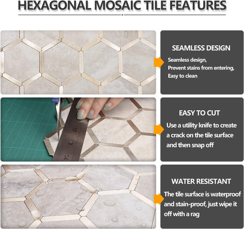 STICKGOO Hexagon Peel and Stick Backsplash Tile, Stick on Backsplash for Kitchen and Bathroom, Beige Marble Look PVC Mixed Metal Gold Self Adhesiv...
