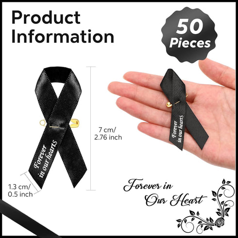 50 Pcs Mourning Ribbon Pins Black Funeral Memorial Ribbon Pins and 25 Pcs Funeral Mourning Arm Bands Forever in Our Heart Classic Elastic Armband ...
