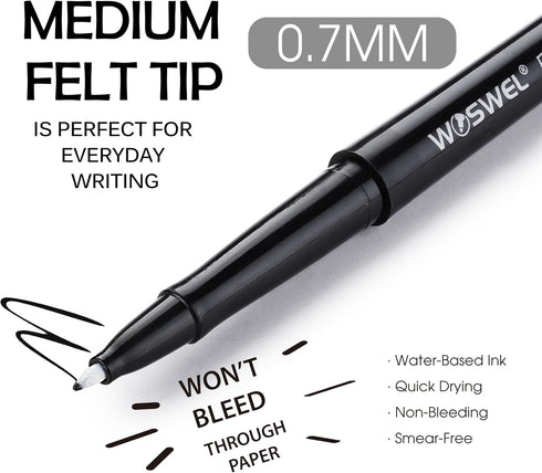 Black Felt Tip Pens, 32 Black Pens, 0.7mm Medium Point Felt Pens, Felt Tip Markers Pens for Journaling, Note Taking, Planner, Writing,Drawing.Perf...